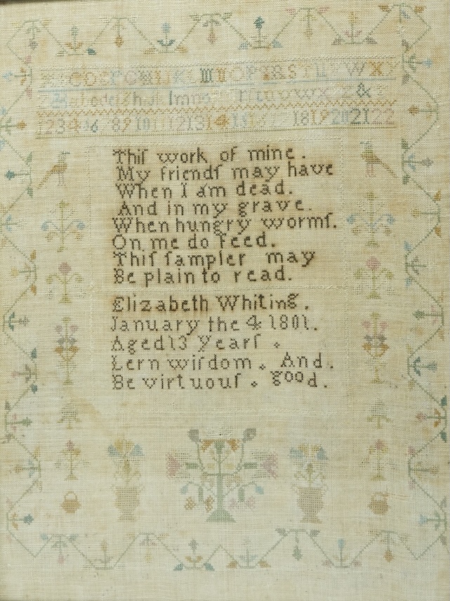 Two samplers by Elizabeth Whiting, one dated 1801 aged 13 years, the other dated 1809, Rendlesham Suffolk. The earlier 40cm wide x 50cm high. The later 31cm wide x 43cm high., Condition - the earlier sampler has faded, t